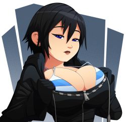 Rule 34 | 1girl, bikini, bikini top only, bikini under clothes, black hair, blue eyes, breasts, bursting breasts, cleavage, coat, female focus, gloves, highres, kingdom hearts, kingdom hearts iii, large breasts, lips, looking at viewer, parted lips, ravenravenraven, short hair, solo, swimsuit, swimsuit under clothes, upper body, xion (kingdom hearts)