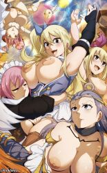 5girls aquarius_(fairy_tail) aries_(fairy_tail) armpits arms_up artist_name blonde_hair blue_eyes blue_hair boots breasts breasts_out brown_eyes closed_eyes fairy_tail gemini_(fairy_tail) highres hug large_breasts long_hair lucy_heartfilia maid maid_headdress multiple_girls nipples open_mouth orphen_(pink_seito) partially_visible_vulva pink_hair plue short_hair side_ponytail thigh_boots thighs virgo_(fairy_tail)