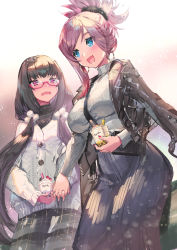 Rule 34 | 2girls, :d, bag, black hair, black jacket, black shirt, black skirt, blue eyes, breasts, commentary request, cup, disposable cup, earrings, fate/grand order, fate (series), glasses, grey skirt, hair ornament, hair over shoulder, holding hands, holding, holding cup, hoop earrings, jacket, jacket on shoulders, jewelry, large breasts, long hair, long sleeves, low twintails, miyamoto musashi (fate), multiple girls, open mouth, osakabehime (fate), pink hair, plaid, plaid skirt, pleated skirt, purple eyes, red-framed eyewear, ribbed shirt, semi-rimless eyewear, shirt, shoulder bag, skirt, smile, spwhitebs, twintails, under-rim eyewear, very long hair, wavy mouth, white jacket, white shirt, yoshimoto (dear life)