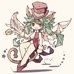 Rule 34 | 1girl, animal ears, blush stickers, cheese, food, green hair, hat, leotard, mad rat dead, mouse (animal), mouse ears, mouse girl, mouse tail, nippon ichi, rat god, red eyes, tail, tie clip, top hat, wings, wrist cuffs