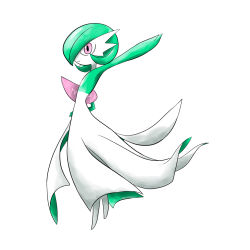 Rule 34 | 1girl, arm up, bob cut, closed mouth, colored skin, creatures (company), female focus, flat chest, from side, full body, game freak, gardevoir, gen 3 pokemon, green hair, green skin, happy, highres, looking at viewer, multicolored skin, nintendo, outstretched arm, pink eyes, pokemon, pokemon (creature), rve, short hair, simple background, smile, solo, standing, stereogram, two-tone skin, white background, white skin