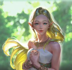 Rule 34 | 1girl, backlighting, bare shoulders, blonde hair, blue eyes, blurry, blurry background, bracelet, breasts, crying, crying with eyes open, day, floating hair, hair behind ear, jewelry, lechu, lips, long hair, looking at viewer, nature, necklace, nintendo, own hands together, pointy ears, princess zelda, realistic, solo, strapless, tears, the legend of zelda, the legend of zelda: breath of the wild, upper body