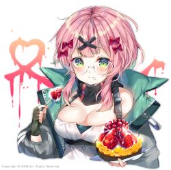 Rule 34 | 1girl, artist name, bad id, bad pixiv id, bare shoulders, blush, bow, breasts, brown gloves, cake, cleavage, closed mouth, commentary request, dress, fingerless gloves, food, fork, fruit, girls&#039; frontline, glasses, gloves, green eyes, green jacket, hair bow, hair ornament, heart, holding, holding fork, jacket, large breasts, long sleeves, looking at viewer, mole, mole on breast, red bow, short hair with long locks, sidelocks, smile, solo, strawberry, tabuk (girls&#039; frontline), upper body, urim (paintur), white dress, x hair ornament