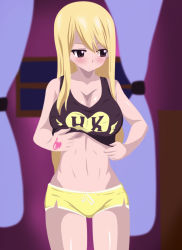 Rule 34 | 1girl, bare shoulders, bedroom, blonde hair, blush, breasts, brown eyes, cleavage, fairy tail, female focus, highres, kunaix, large breasts, long hair, lucy heartfilia, shirt, short shorts, shorts, solo, standing, tagme, third-party edit, undressing