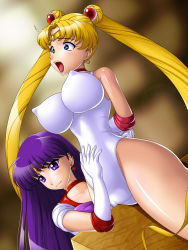 Rule 34 | 1990s (style), 2girls, bishoujo senshi sailor moon, black hair, blonde hair, breasts, double bun, covered erect nipples, gloves, highres, hino rei, large breasts, leotard, long hair, multiple girls, onoe, purple eyes, purple hair, sailor mars, sailor moon, spread legs, thick thighs, thighs, torment, tsukino usagi, wooden horse, yuri