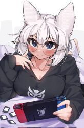 Rule 34 | 1girl, auraaa, black hoodie, blue eyes, blush, breasts, closed mouth, collarbone, extra ears, glasses, handheld game console, highres, holding, holding handheld game console, hood, hoodie, large breasts, long sleeves, looking at viewer, lorel (auraaa), lying, nintendo switch, on stomach, original, pointy ears, round eyewear, short hair, smile, solo, white hair