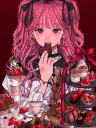 Rule 34 | 1girl, aegyo sal, blue eyes, chocolate, commentary request, cup, dessert, eating, eyelashes, food, fruit, highres, looking at viewer, macaron, norimaki (seidan0611), original, parfait, pink hair, plate, red background, simple background, solo, strawberry, teacup, tears