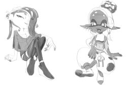 Rule 34 | + +, 2girls, arm support, asymmetrical hair, bare shoulders, breasts, closed mouth, clothing cutout, crop top, crossed legs, dark-skinned female, dark skin, earrings, eyeliner, fangs, female focus, flat chest, forehead, frye (splatoon), full body, greyscale, hachimaki, hair ornament, hair over one eye, hair stick, hair tie, half-closed eyes, happy, headband, hitobashira (1746164306), inkling, jewelry, knees up, leggings, long hair, looking at viewer, makeup, monochrome, multiple earrings, multiple girls, navel, nejiri hachimaki, nintendo, object on head, octoling, one eye closed, open mouth, pointy ears, puffy pants, sarashi, see-through, shawl, shirt, shiver (splatoon), shoes, simple background, sitting, sketch, sleeveless, sleeveless shirt, small breasts, smile, socks, splatoon (series), splatoon 3, stirrup legwear, stomach, tentacle hair, tentacles, toeless legwear, white background