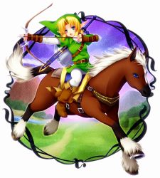 Rule 34 | 1boy, animal, bad id, bad pixiv id, blonde hair, boots, bow (weapon), earrings, epona, fingerless gloves, gloves, green eyes, hat, horse, jewelry, link, male focus, minatosaiga, mounted archery, nintendo, pointy ears, short hair, solo, the legend of zelda, weapon