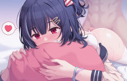 Rule 34 | 1boy, 1girl, aftersex, ass, black hair, blush, bracelet, censored, clothed female nude male, cum, cum on body, fingernails, hair ornament, hairclip, heart, hetero, idolmaster, idolmaster shiny colors, jewelry, kagami (galgamesion), lying, morino rinze, mosaic censoring, nail polish, nose blush, nude, on stomach, penis, pillow, pillow grab, prone bone, red eyes, red nails, sex, sex from behind, short hair, spoken heart, sweat, thighhighs, white thighhighs