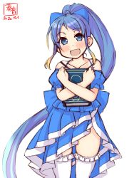 Rule 34 | 1girl, alternate hairstyle, artist logo, blue bow, blue eyes, blue hair, book, bow, collarbone, color connection, cosplay, cowboy shot, dated, dress, flower knight girl, frilled thighhighs, frills, gradient hair, hair bow, highres, kanon (kurogane knights), kantai collection, long hair, looking at viewer, multicolored hair, nerine (flower knight girl), nerine (flower knight girl) (cosplay), ponytail, revision, samidare (kancolle), signature, simple background, solo, strapless, strapless dress, thighhighs, very long hair, white background, white thighhighs
