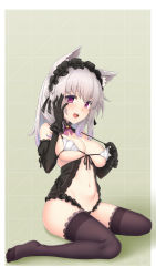 Rule 34 | 1girl, animal ears, areola slip, bare shoulders, bikini, bikini top only, black gloves, breasts, brown thighhighs, cat ears, cleavage, commentary, detached collar, elbow gloves, frills, full body, gloves, green background, headdress, highres, indie virtual youtuber, large breasts, long hair, looking at viewer, micro bikini, micro bikini top, navel, note takehana, open mouth, osafune kairi, purple eyes, signature, silver hair, simple background, sitting, skindentation, smile, solo, swimsuit, takehana note (vtuber), thighhighs, virtual youtuber, wariza