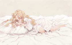 Rule 34 | 1girl, absurdres, bed sheet, blonde hair, charlotte francia, dated, dress, eyelashes, closed eyes, highres, long hair, lying, nightgown, on side, ooyari ashito, parted lips, pillow, quartett!, redrawn, signature, sleeping, socks, solo, wavy hair, white dress, white socks, white theme