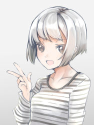 Rule 34 | 1girl, :d, blush, breasts, brown eyes, comah, gradient background, grey background, grey shirt, hand up, looking at viewer, muted color, open mouth, original, shirt, short hair, silver hair, small breasts, smile, solo, striped clothes, striped shirt, swept bangs, upper body, v, w