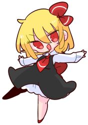 Rule 34 | 1girl, ascot, black dress, blonde hair, collared shirt, dress, hair ribbon, highres, op na yarou, open mouth, outstretched arms, red ascot, red eyes, red footwear, red ribbon, ribbon, rumia, shirt, short hair, simple background, solo, spread arms, touhou, white background, white shirt