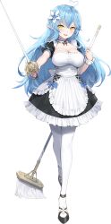 Rule 34 | 1girl, ahoge, apron, aqua hair, aqua nails, artist request, blue bow, blue hair, blue nail polish, blue nails, bow, breasts, cleavage, curvy, facing viewer, female focus, flower, flower on head, full body, highres, hololive, large breasts, long hair, looking at viewer, maid, maid apron, mop, pointy ears, short sleeves, simple background, solo, source request, standing, sword, thighhighs, virtual youtuber, weapon, white background, yellow eyes, yukihana lamy