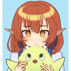 Rule 34 | 1girl, 1other, animal, beak, bird, blue background, blush, border, caprisuh, commentary, english commentary, artistic error, hair between eyes, helck, holding, holding animal, holding bird, looking at viewer, looking up, medium hair, open mouth, pillarboxed, piwi, pointy ears, pout, red hair, shirt, simple background, tongue, unfinished, vermilio (helck), white border, white shirt, yellow eyes