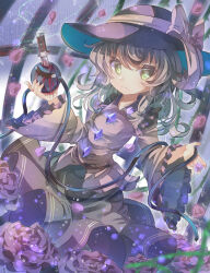 Rule 34 | 1girl, black hat, blood, bloody tears, blouse, bow, buttons, closed mouth, cowboy shot, diamond button, dutch angle, eyeball, flower, frilled shirt collar, frilled sleeves, frills, frown, green eyes, green hair, green skirt, hat, hat bow, hat ribbon, highres, holding eyeball, injury, komeiji koishi, long sleeves, looking at viewer, medium hair, petals, plant, purple flower, purple rose, ribbon, rose, rose petals, sekisei (superego51), shirt, skirt, solo, stab, third eye, thorns, touhou, vines, wavy hair, wide sleeves, yellow bow, yellow ribbon, yellow shirt