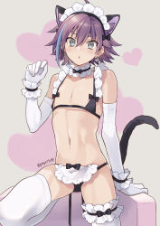 Rule 34 | 1boy, animal ears, arm support, bikini, black bikini, black bow, bow, cat boy, cat ears, cat tail, collarbone, commentary request, crossdressing, earrings, elbow gloves, frilled thighhighs, frills, gloves, grey background, grey eyes, hair between eyes, hand up, heart, highres, hiiragi jun, jewelry, lock, lock earrings, looking at viewer, maid, maid headdress, male focus, micro bikini, nipple slip, nipples, onegai my melody, parted lips, potti-p, purple hair, sanrio, short hair, simple background, solo, stomach, swimsuit, tail, thighhighs, trap, twitter username, white gloves, white thighhighs