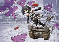 Rule 34 | 1girl, black dress, black eyes, black footwear, black gloves, black hair, black thighhighs, bob cut, boots, commentary request, double horizontal stripe, dress, driving, elbow gloves, emblem, explosive, girls und panzer, gloves, goliath tracked mine, guard rail, halter dress, halterneck, headset, holding, holding sign, inatomi hibiki, japanese tankery league (emblem), judge, leaning to the side, mine (weapon), motion lines, on vehicle, open mouth, riding, short dress, short hair, sign, solo focus, standing, striped clothes, striped dress, thighhighs, vertical-striped clothes, vertical-striped dress, yunji