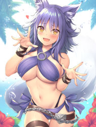 Rule 34 | 1girl, :d, animal ear fluff, animal ears, arm strap, bad id, bad pixiv id, bare shoulders, beach, belt, bikini, breasts, brown eyes, bubble, chain, cleavage, cowboy shot, criss-cross halter, fang, flower, gluteal fold, halterneck, hand up, heart, hibiscus, highleg, highleg bikini, large breasts, long hair, looking at viewer, makoto (princess connect!), makoto (summer) (princess connect!), mutsuba fumi, navel, o-ring, open mouth, princess connect!, purple bikini, purple hair, red flower, side-tie bikini bottom, sidelocks, sky, smile, solo, standing, swimsuit, tail, thigh strap, thighs, wolf ears, wolf girl, wolf tail, yellow eyes