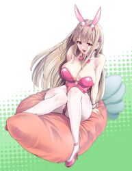 Rule 34 | 1girl, animal ears, bare shoulders, ben-day dots, bow, bowtie, breasts, carrot, cleavage, detached collar, goddess of victory: nikke, green background, highres, horns, large breasts, leotard, light brown hair, long hair, looking at viewer, oku hideki, pantyhose, pillow, pink horns, playboy bunny, rabbit ears, red bow, red bowtie, red eyes, red leotard, screentones, solo, strapless, strapless leotard, two-tone background, viper (nikke), white background, white pantyhose, wrist cuffs