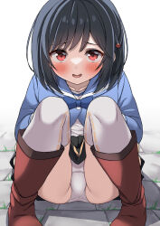 Rule 34 | 1girl, :d, black hair, black skirt, blue bow, blue jacket, blue sailor collar, blush, boots, bow, brown footwear, commentary request, granblue fantasy, hekomii, jacket, knees up, looking at viewer, open mouth, panties, pigeon-toed, red eyes, sailor collar, shirt, skirt, smile, solo, squatting, thighhighs, thighhighs under boots, underwear, vikala (granblue fantasy), white background, white panties, white shirt, white thighhighs