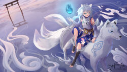 Rule 34 | 1girl, animal ears, asymmetrical legwear, bare shoulders, barefoot, bell, black socks, blue eyes, bodypaint, detached sleeves, floral print, fox, fox ears, grey hair, hairstyle request, hand up, highres, horizon, indie virtual youtuber, long hair, looking to the side, magic, multiple tails, ocean, official art, open mouth, outstretched hand, sayu okami, sayu sincronisity, shorts, signature, sitting, sitting on animal, skyrail, smile, socks, sunset, tail, toeless legwear, toes, torii, virtual youtuber, walking, walking on liquid, wide shot, wide sleeves