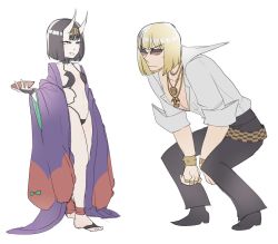 Rule 34 | 1boy, 1girl, alcohol, belt, belt buckle, black hair, blonde hair, bob cut, breasts, buckle, chain, cup, fate/grand order, fate (series), horns, japanese clothes, jewelry, kimono, meme, open clothes, open kimono, pog (tojlko), revealing clothes, ring, sakata kintoki (fate), sakazuki, sake, shoes, short hair, shuten douji (fate), shuten douji (first ascension) (fate), simple background, skin-covered horns, sleeves rolled up, small breasts, squatting, standing, straight hair, sunglasses, white background
