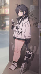 Rule 34 | 1girl, absurdres, against wall, ahoge, bag, black gloves, black hair, black necktie, blurry, blurry background, blush, closed mouth, collared shirt, earbuds, earphones, full body, gloves, green eyes, grenade launcher, half gloves, heterochromia, highres, holding, holding phone, jacket, listening to music, long hair, long sleeves, midsummerw, necktie, no pants, original, partially unzipped, phone, red eyes, shirt, socks, solo, standing, very long hair, weapon, white footwear, white jacket, white shirt