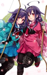 Rule 34 | 10s, 2girls, ahoge, bad id, bad pixiv id, dual persona, hair ornament, hair tubes, hairband, headband, japanese clothes, kantai collection, kouta (ajtda), long hair, multiple girls, muneate, open mouth, pantyhose, purple hair, red eyes, ryuuhou (kancolle), smile, taigei (kancolle)