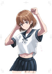 Rule 34 | 1girl, arm up, bare arms, black ribbon, black sailor collar, black skirt, brown eyes, brown hair, character request, closed mouth, collared shirt, dated, faker ktd, hair between eyes, highres, midriff, navel, neck ribbon, pleated skirt, ribbon, sailor collar, sailor shirt, shirt, short hair, short sleeves, sketch, skirt, smile, solo, stomach, straight hair, white background, white shirt