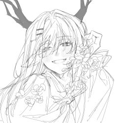 Rule 34 | 1girl, :d, alina (arknights), animal ears, antlers, arknights, cang canggg, deer antlers, deer ears, deer girl, flower, greyscale, hair ornament, hair over eyes, hairclip, half-closed eyes, hand up, horns, long hair, looking at viewer, monochrome, open mouth, portrait, simple background, sketch, smile, solo, white background