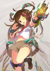 Rule 34 | 1girl, :o, aiming, bad id, bad pixiv id, breasts, brown eyes, brown hair, cover, cover page, flower, hair ornament, hairclip, halo, long hair, matching hair/eyes, mecha musume, mechanical halo, midriff, one eye closed, open mouth, original, pleated skirt, school uniform, scouter, serafuku, shoes, skirt, small breasts, socks, solo, thighs, tomioka jirou