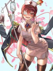 Rule 34 | 1girl, blush, breasts, cleavage, dress, eyepatch, greenless 417, hat, highres, hololive, houshou marine, long hair, looking at viewer, nurse, nurse cap, red eyes, red hair, see-through, see-through cleavage, smile, solo, syringe, twintails, virtual youtuber