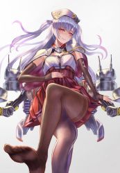 Rule 34 | 1girl, ajax (azur lane), azur lane, beret, black pantyhose, blush, breasts, capelet, closed eyes, commentary request, crossed legs, detached sleeves, gore (white gore), hat, highres, long hair, looking at viewer, pantyhose, purple hair, red eyes, red skirt, simple background, sitting, skirt, smile, solo, transparent background, turret, two side up