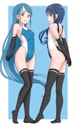 Rule 34 | 2girls, arms behind back, ass, black gloves, black legwear, black one-piece swimsuit, blue background, blue eyes, blue hair, blue one-piece swimsuit, border, competition swimsuit, elbow gloves, full body, gloves, gradient hair, green eyes, highleg, highleg swimsuit, highres, kantai collection, long hair, low twintails, multicolored hair, multiple girls, nishikaze(artist), one-piece swimsuit, ribbon, samidare (kancolle), standing, suzukaze (kancolle), swept bangs, swimsuit, thighhighs, twintails, two-tone background, very long hair, white border