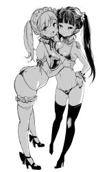 Rule 34 | 2girls, arched back, bikini, blunt bangs, breasts, bridal garter, detached collar, elbow gloves, from side, full body, gloves, greyscale, hand on own hip, highres, large breasts, maid headdress, mojarin (kihara mojarin), monochrome, multiple girls, navel, pointy ears, sketch, small breasts, standing, swimsuit, thighhighs, twintails, white background