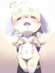 Rule 34 | 1boy, 1girl, animal crossing, animal ears, animal hands, artist name, bare shoulders, bottomless, breasts, bush, closed eyes, daisy (animal crossing), dated, dog ears, dog tail, feet, full body, furuya muku, grabbing, grabbing another&#039;s breast, gradient background, hands up, hetero, jpeg artifacts, medium breasts, multicolored shirt, navel, nintendo, nipples, open mouth, pussy, shirt, signature, simple background, sleeveless, sleeveless shirt, standing, sweat, tail, text focus, uncensored
