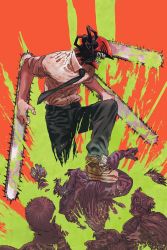 Rule 34 | 1boy, alternate form, black pants, blood, blood splatter, bloody weapon, body modification, chainsaw, chainsaw man, cleaned, collared shirt, corpse, cover, cover page, denji (chainsaw man), fang, fangs, fighting, fighting stance, fujimoto tatsuki, highres, manga cover, necktie, official art, orange background, pants, sharp teeth, shirt, sleeves rolled up, solo, standing on person, teeth, unusual blood color, volume cover, weapon, white shirt, zombie