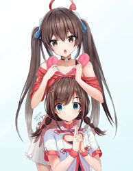 Rule 34 | 2girls, ahoge, bare shoulders, black choker, blue bow, blue eyes, bow, breasts, brown eyes, brown hair, choker, cleavage, cleavage cutout, clothing cutout, collarbone, dyed ahoge, hair between eyes, hair bow, hair ornament, hair ribbon, hands up, highres, holding, holding behind back, holding ears, kizuna ai, kizuna ai inc., long hair, looking at viewer, multicolored hair, multiple girls, off shoulder, open mouth, pink hair, red ribbon, ribbon, shinka musume, shinka musume channel, short sleeves, simple background, skirt, small breasts, smile, teeth, twintails, upper teeth only, virtual youtuber, white background, xila qian tang shi