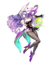 Rule 34 | 1girl, animal ears, bare shoulders, breasts, camilla (fire emblem), camilla (spring) (fire emblem), choker, cleavage, easter, easter egg, egg, elbow gloves, fake animal ears, female focus, fire emblem, fire emblem fates, fire emblem heroes, flower, frilled choker, frills, full body, gloves, hair ornament, hair over one eye, hat, high heels, highres, large breasts, leotard, long hair, maeshima shigeki, nintendo, official alternate costume, official art, overskirt, pantyhose, playboy bunny, purple footwear, purple hair, rabbit ears, rabbit tail, smile, solo, sparkle, tail, transparent background