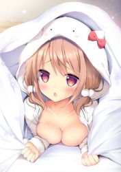 Rule 34 | 1girl, animal hood, blush, bow, breasts, cat hood, chestnut mouth, cleavage, commentary request, drawstring, fingernails, gochuumon wa usagi desu ka?, hair between eyes, hair bobbles, hair ornament, hood, hoodie, hoto cocoa, light brown hair, long hair, long sleeves, looking away, looking to the side, low twintails, lying, medium breasts, on stomach, open clothes, open hoodie, parted lips, pom pom (clothes), purple eyes, red bow, shibainu niki, solo, twintails, under covers, white hoodie