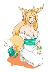 Rule 34 | 1girl, :d, animal ears, blonde hair, breasts, cleavage, earrings, fox ears, fox tail, japanese clothes, jewelry, kimono, large breasts, long hair, looking at viewer, norakura (nr kura), open mouth, original, simple background, sitting, smile, socks, solo, tail, white background, white socks, yellow eyes
