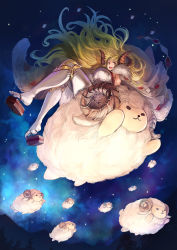Rule 34 | 1girl, :d, anila (granblue fantasy), animal, blonde hair, breasts, cape, draph, flying, from below, fur cape, granblue fantasy, highres, horns, huge breasts, knee pads, legs, long hair, looking at viewer, night, night sky, open mouth, riding, sandals, sheep, sheep horns, shoe dangle, shouma (bravespiritya), sky, smile, solo, thighhighs, very long hair, white thighhighs, yellow eyes
