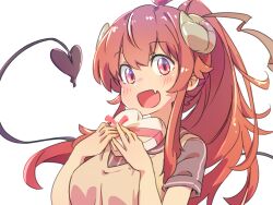 Rule 34 | 1girl, :d, ahoge, alternate hairstyle, apron, black shirt, blush, box, breasts, brown eyes, brown hair, commentary request, curled horns, demon girl, demon horns, demon tail, fang, floating hair, food, food on face, food on hand, gift, hair between eyes, hands up, happy, heart-shaped box, highres, holding, holding gift, horns, icorasama, large breasts, long hair, looking at viewer, machikado mazoku, open mouth, ponytail, red ribbon, ribbon, shirt, short sleeves, sidelocks, simple background, skin fang, smile, solo, tail, tail raised, tareme, valentine, white background, yoshida yuuko (machikado mazoku)