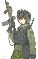 Rule 34 | 1girl, assault rifle, black gloves, black headwear, brown eyes, brown hair, camouflage, camouflage pants, closed mouth, commentary, ear protection, geissele urg-i, gloves, green jacket, green pants, gun, highres, holding, holding gun, holding weapon, jacket, long sleeves, looking at viewer, m4 carbine, m4 usasoc, mifune ( mifune 707), original, pants, rifle, simple background, smile, solo, weapon, white background
