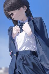 Rule 34 | 1girl, ascot, black jacket, black skirt, blue sky, blurry, blurry background, braid, brown eyes, brown hair, buttons, closed mouth, collared shirt, commentary, cowboy shot, day, depth of field, english commentary, eyebrows hidden by hair, from below, hands up, highres, hwoi (hw 123), jacket, long hair, looking at viewer, original, outdoors, photo-referenced, pleated skirt, school uniform, shirt, shirt tucked in, skirt, sky, smile, solo, striped ascot, sunlight, swept bangs, twin braids, white shirt
