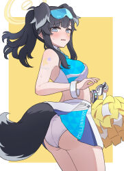 Rule 34 | 1girl, animal ears, ass, bangle, bare arms, bare shoulders, black hair, blue archive, blue eyes, blush, bracelet, breasts, cheerleader, cowboy shot, dog ears, dog girl, dog tail, eyewear on head, halo, hibiki (blue archive), hibiki (cheer squad) (blue archive), highres, holding, jewelry, long hair, looking at viewer, medium breasts, midriff, millennium cheerleader outfit (blue archive), official alternate costume, open mouth, panties, pom pom (cheerleading), simple background, skirt, solo, sports bra, standing, sweat, tail, tatama, underwear, white panties