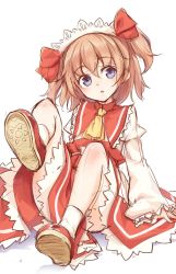 Rule 34 | 1girl, ascot, blue eyes, bow, brown hair, full body, hair between eyes, hair bow, highres, juliet sleeves, long sleeves, looking at viewer, oborofu, puffy sleeves, red bow, shoes, short hair, simple background, sitting, socks, solo, sunny milk, touhou, twintails, white background, white socks